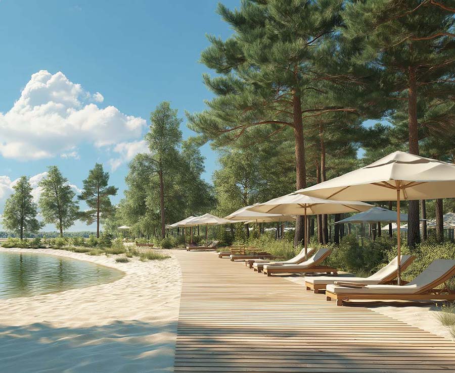 Поселок у озера с пляжем